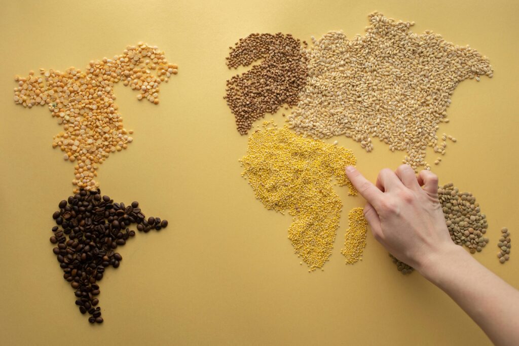 Current image: Top view of crop unrecognizable traveler making world continents with assorted grains and coffee beans on yellow background in room